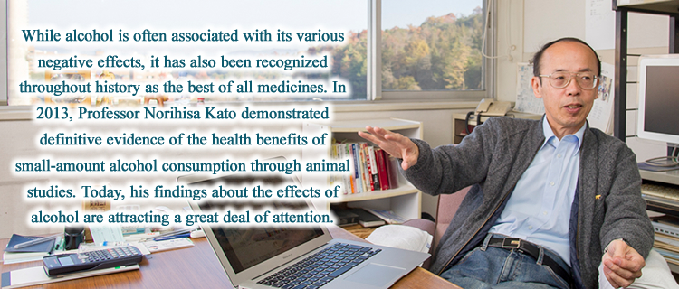 While alcohol is often associated with its various negative effects, it has also been recognized throughout history as the best of all medicines. In 2013, Professor Norihisa Kato demonstrated definitive evidence for the health benefits of small-amount alcohol consumption through animal studies. Today, his findings about the effects of alcohol are attracting a great deal of attention.