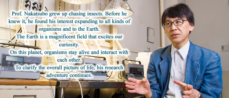 Prof. Nakatsubo grew up chasing insects. Before he knew it, he found his interest expanding to all kinds of organisms and to the Earth.  The Earth is a magnificent field that excites our curiosity. On this planet, organisms stay alive and interact with each other. To clarify the overall picture of life, his research adventure continues.