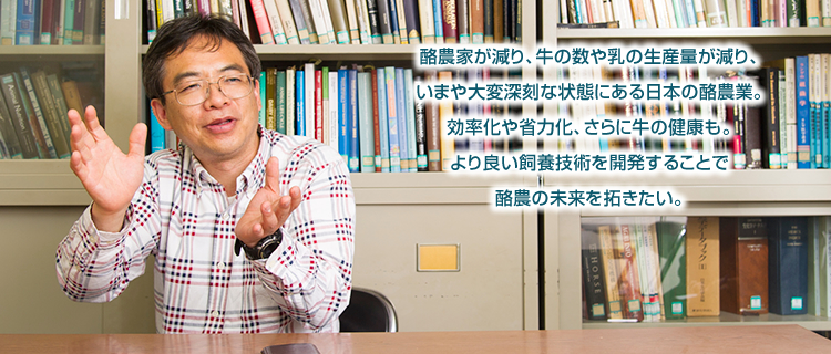 酪農家が減り、牛の数や乳の生産量が減り、いまや大変深刻な状態にある日本の酪農業。効率化や省力化、さらに牛の健康も。より良い飼養技術を開発することで酪農の未来を拓きたい。