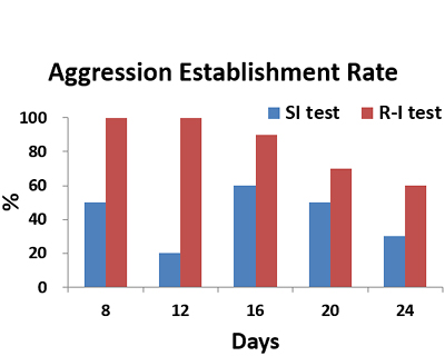 To compare aggressiveness of the chicks, we calculated the aggression establishment rate, which is equal to the number of aggressors showing high aggression per total behavioral trials. The criterion of high aggression was defined as the total aggression frequencies (TAF), where aggressors showed more than 30 times of TAF and the opponents did less than one-third TAF of aggressors.